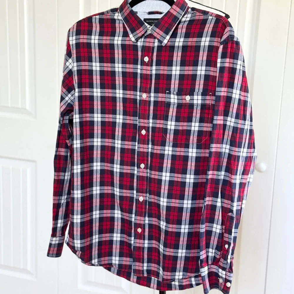 Banana Republic Slim Fit Plaid Shirt Mens Large L Red Navy White Button Down LS